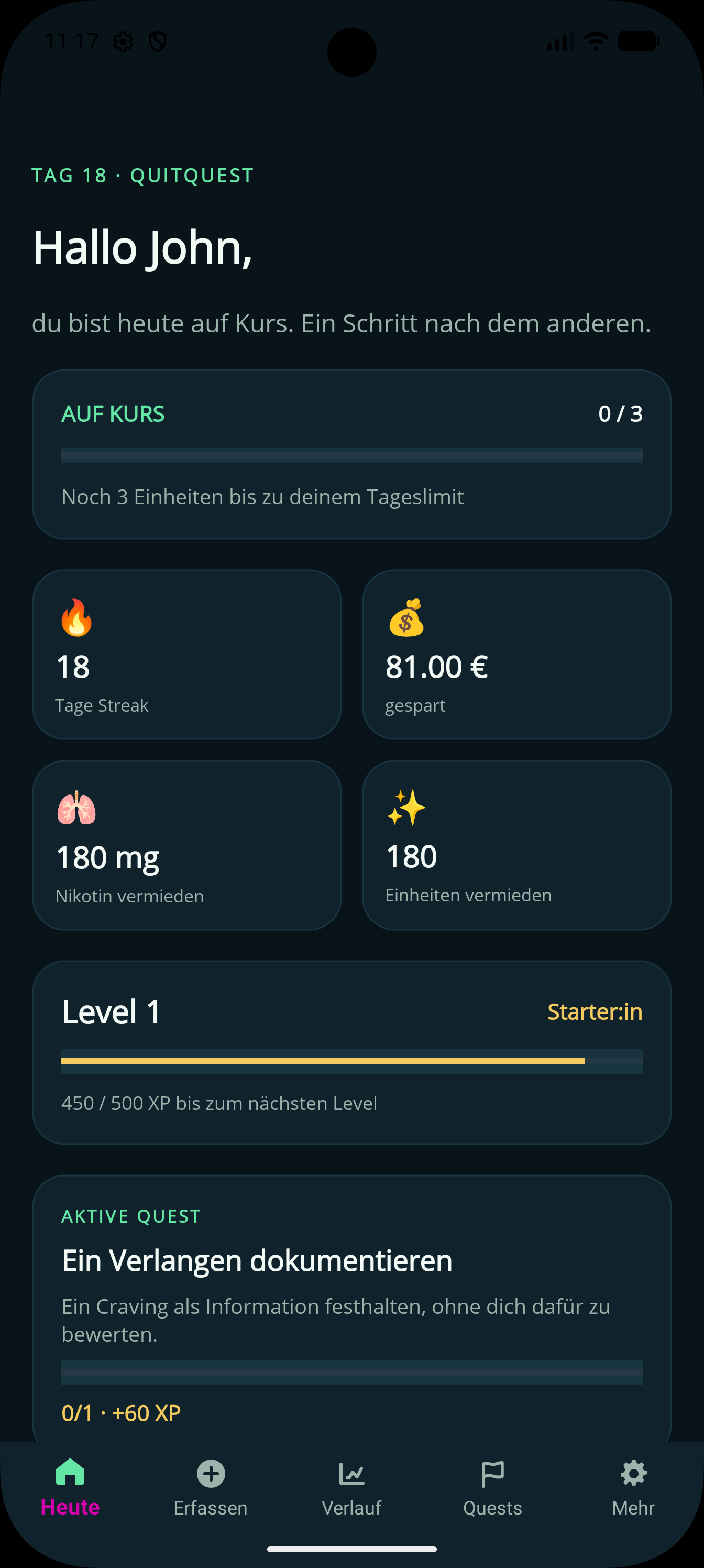 QuitQuest Screenshot mit App-Übersicht