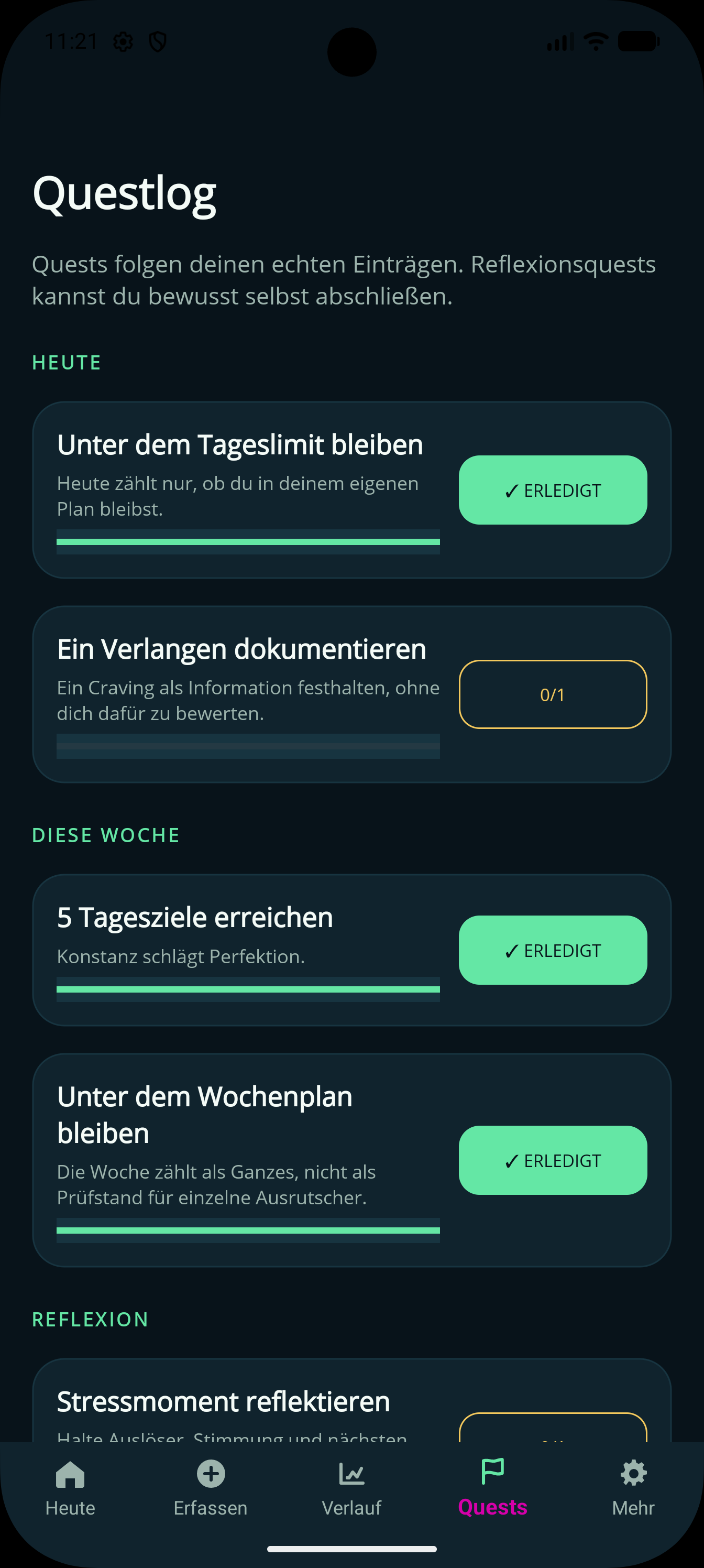 QuitQuest Screenshot mit Tracking-Ansicht